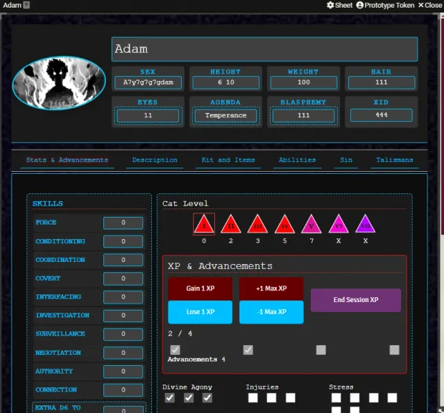 A CAIN character sheet in Foundry, with skills, CAT level and XP advancement